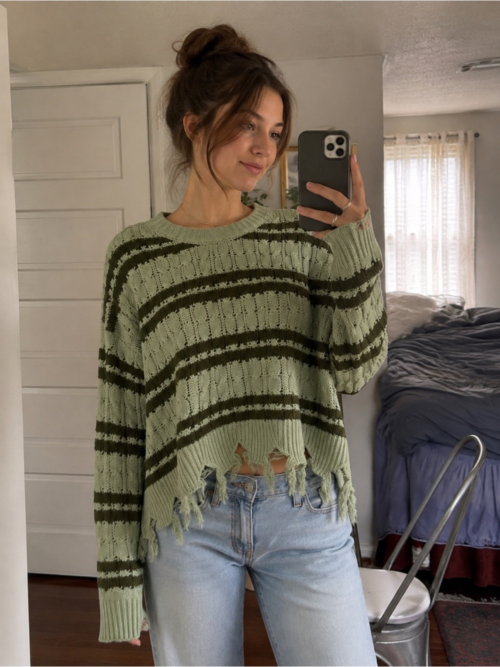 Hooked Up by IOT Sage Green & Olive Striped Crew Sweater